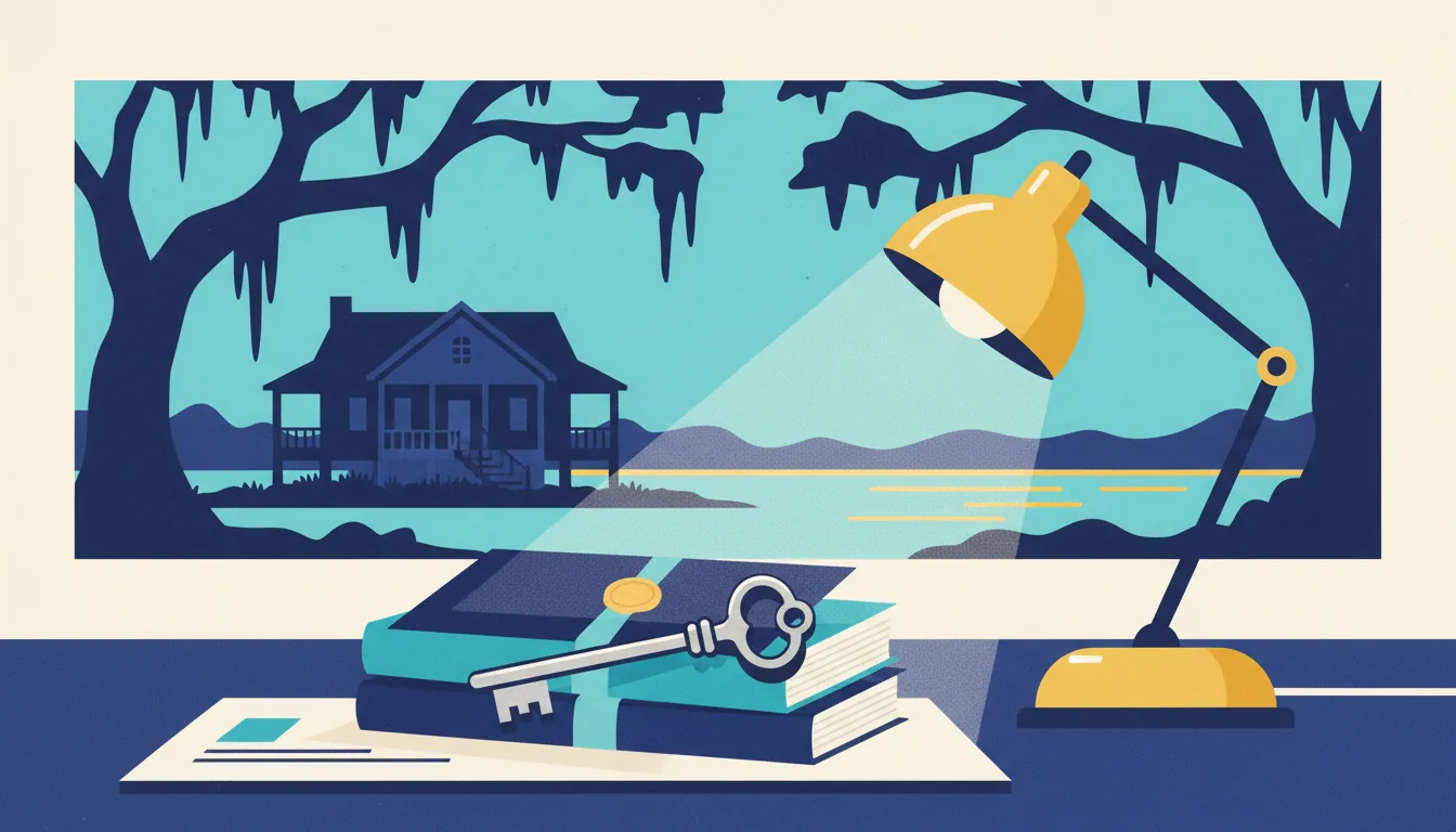 A desk lamp illuminates a key resting on a stack of books, with a house by the water in the background.