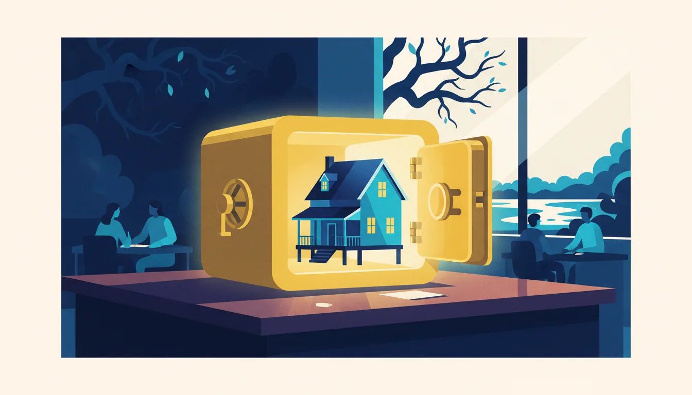 A small blue house sits inside an open, glowing golden safe with scenes of people meeting in the background.