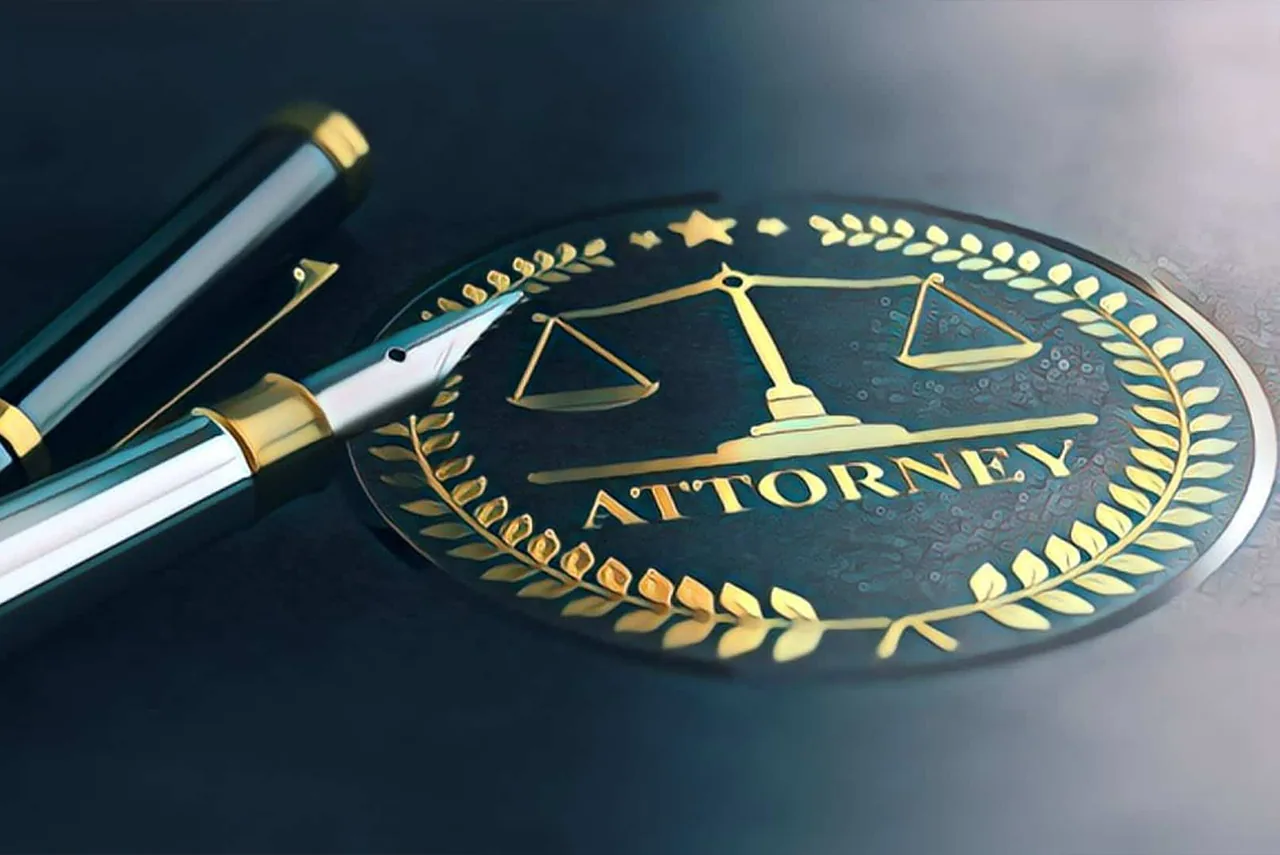 A gold "Attorney" seal with the scales of justice beside a fountain pen.
