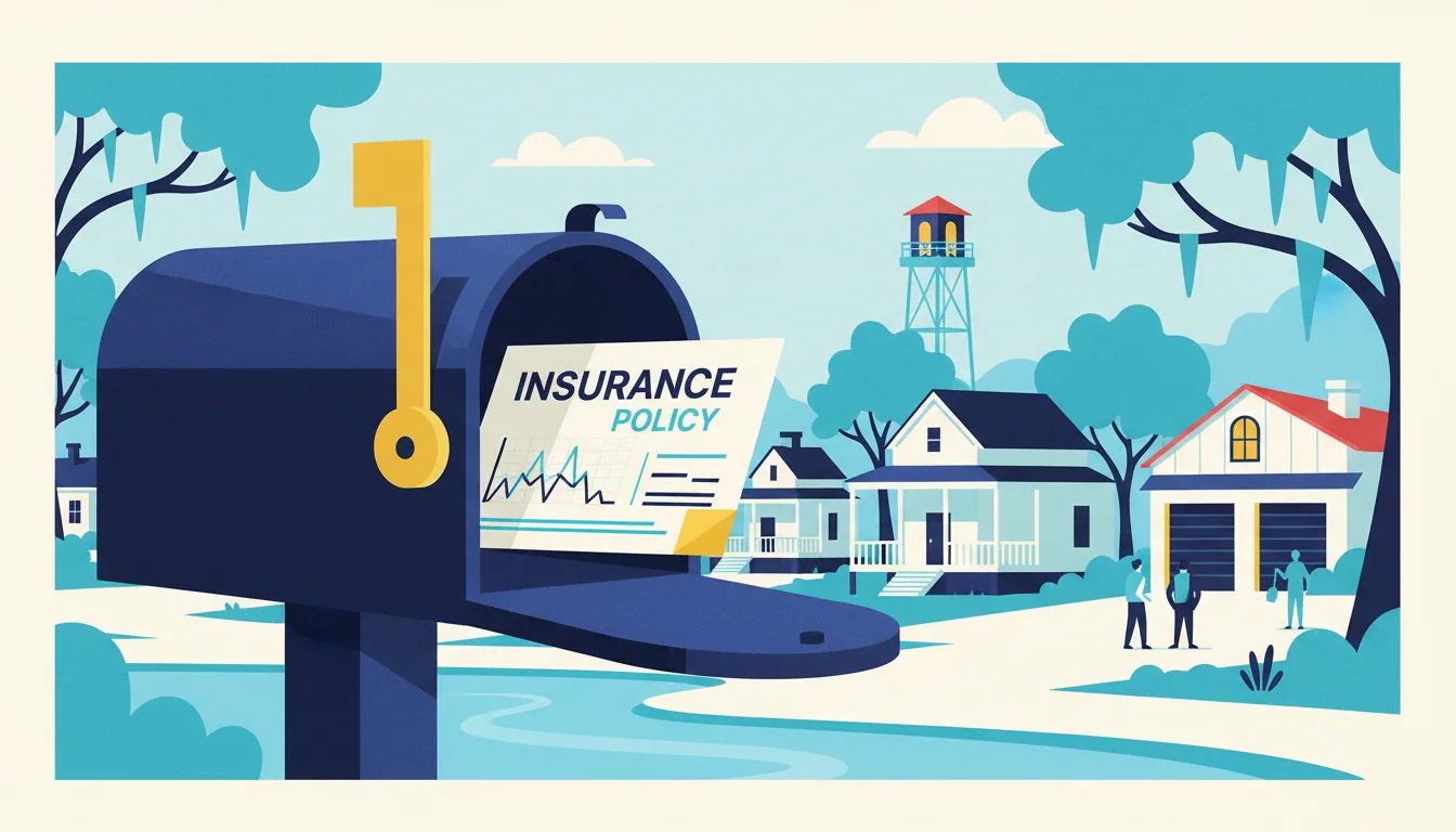 An insurance policy sits in a mailbox overlooking a residential neighborhood with houses and a water tower.