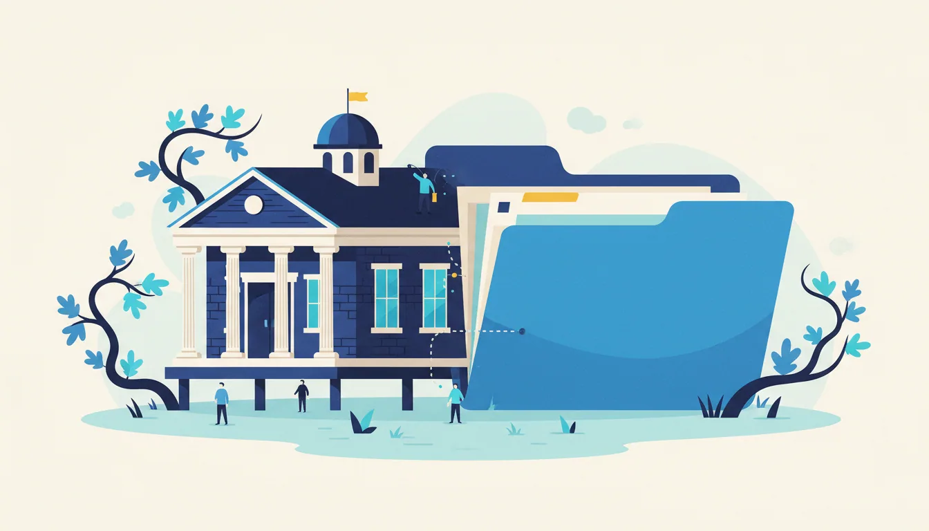 A classical bank building stands next to a large blue digital folder, with tiny people interacting around them.