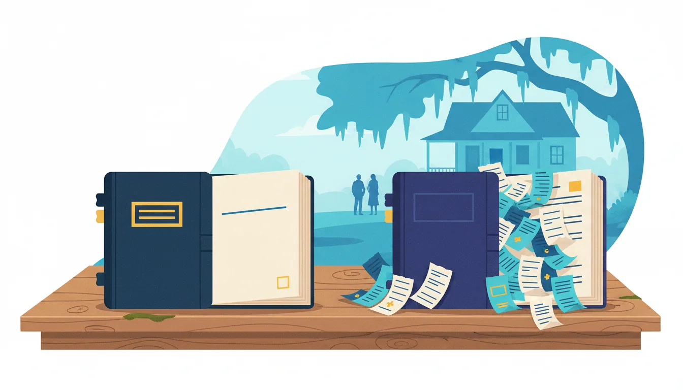 A neat binder and one overflowing with messy slips of paper sit on a wooden table against a blue background.