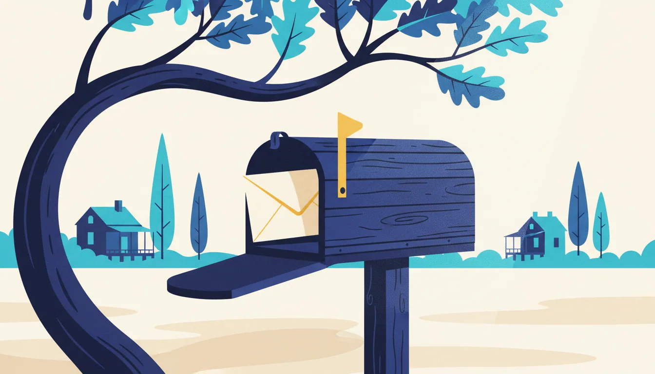 An open blue mailbox with a letter inside sits under a leafy branch, with houses in the distance.