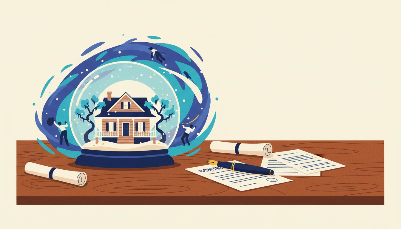 A house in a snow globe sits on a desk next to contracts as a blue storm swirls around it, tossing people in the air.