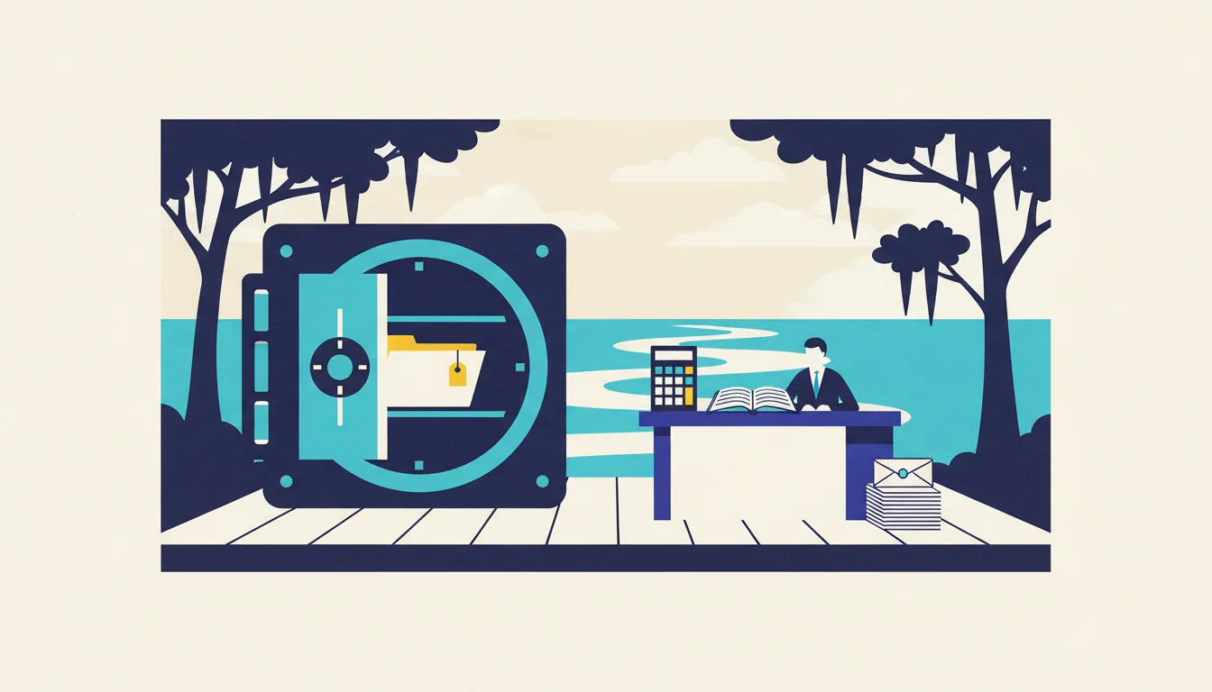 A man works at a desk next to an open safe containing a folder on a dock overlooking a tropical sea.