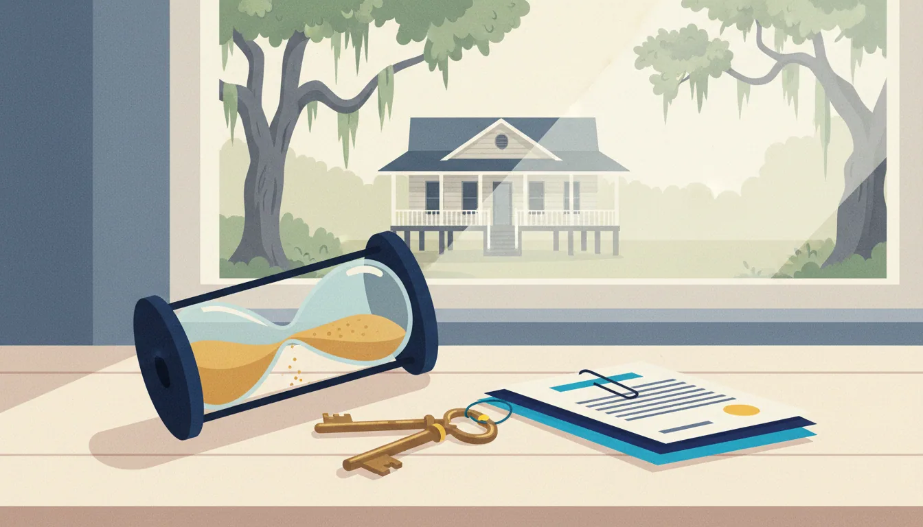 An hourglass, house keys, and a legal document sit on a table in front of a window overlooking a suburban home.