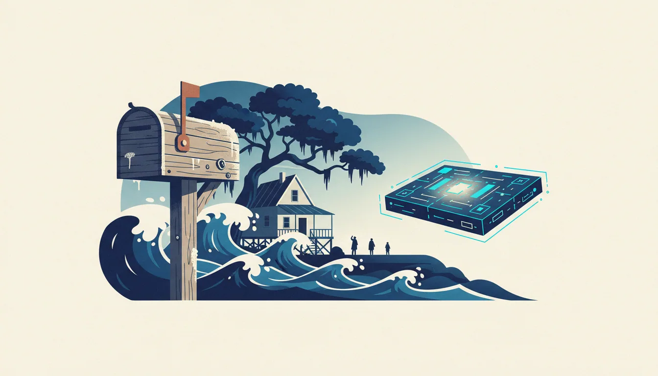 A mailbox stands by crashing waves and a stilt house as a glowing digital circuit board floats in the sky.