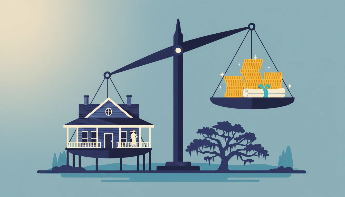 A blue house on stilts outweighs stacks of gold coins and a rolled document on a large balance scale.