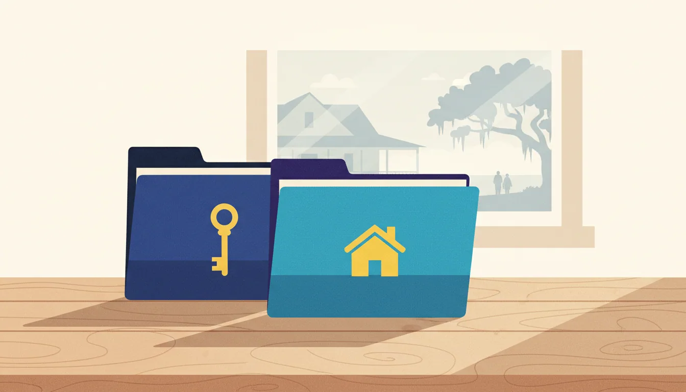 Two blue folders with key and house icons sit on a wooden table in front of a framed picture of a home.