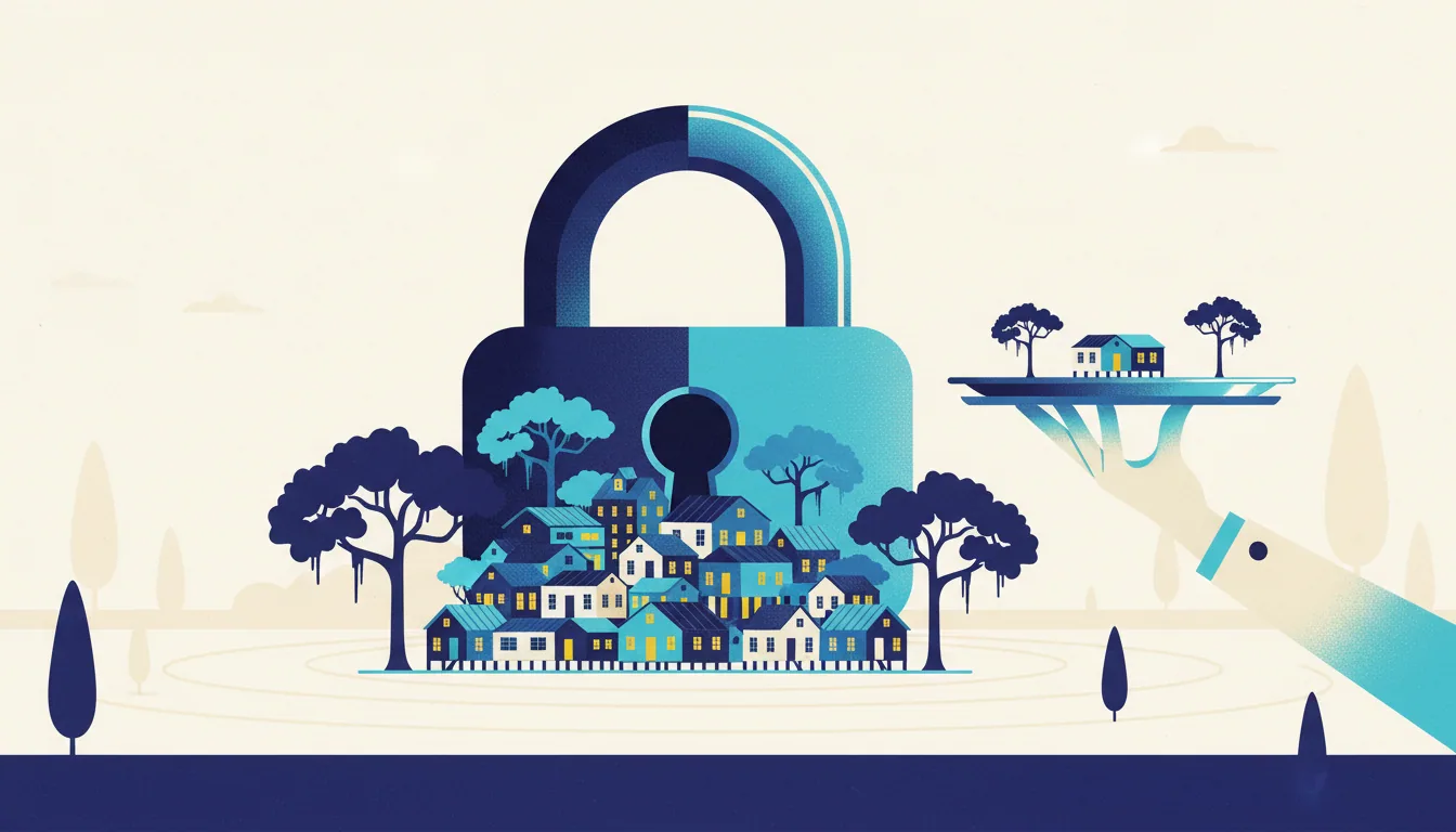 A large padlock surrounds a neighborhood of houses while a hand presents a single home on a platter.