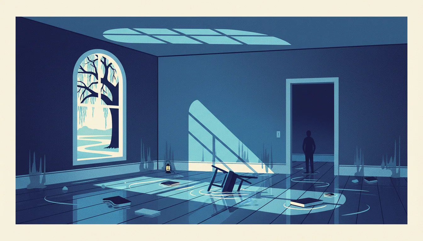 A silhouette stands in the doorway of a flooded room where a tipped chair and books float in blue-tinted light.