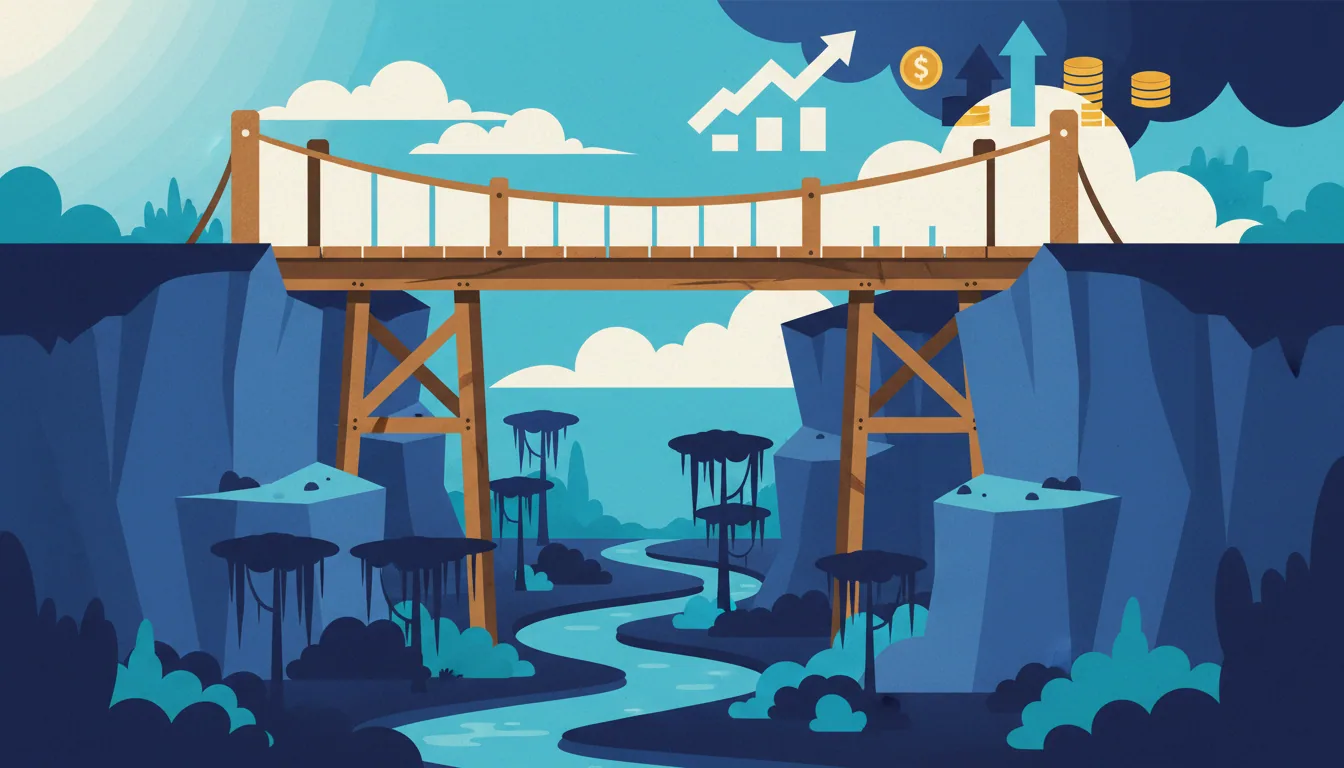 A wooden bridge spans a canyon above a winding river, with icons of financial growth and rising arrows in the sky.