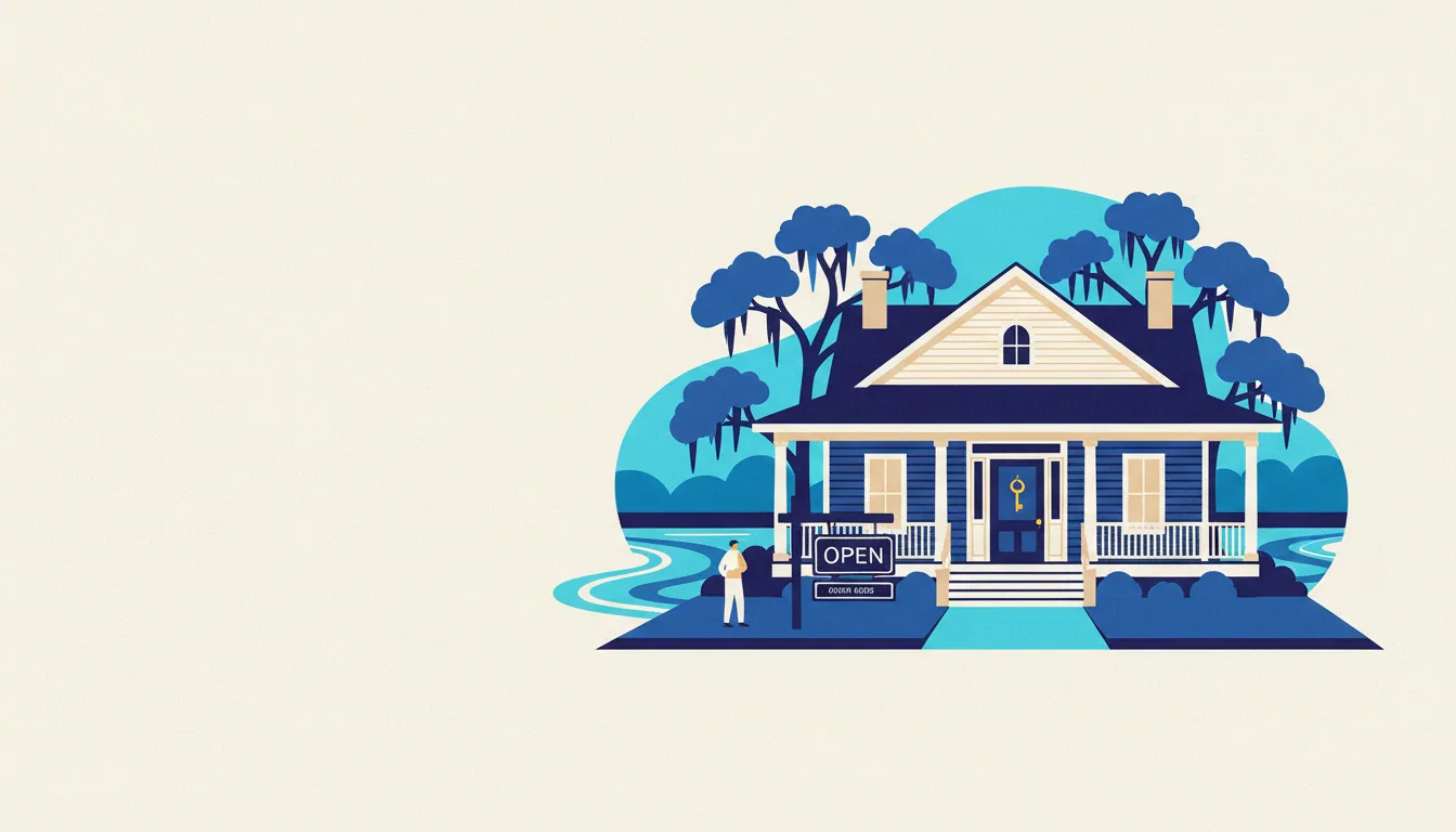 A stylized blue house with an open sign and a person standing in front of it near a river.