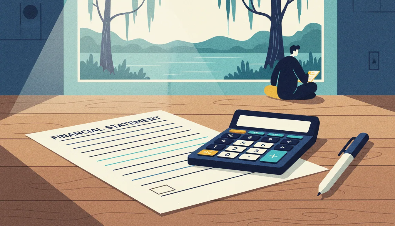 A financial statement, calculator, and pen sit on a desk with a person relaxing by a scenic window in the background.