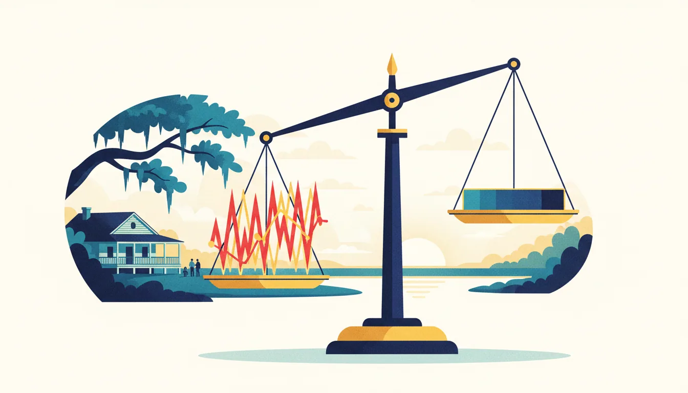 A balanced scale holds a jagged red line graph and a solid blue block over a serene coastal landscape.