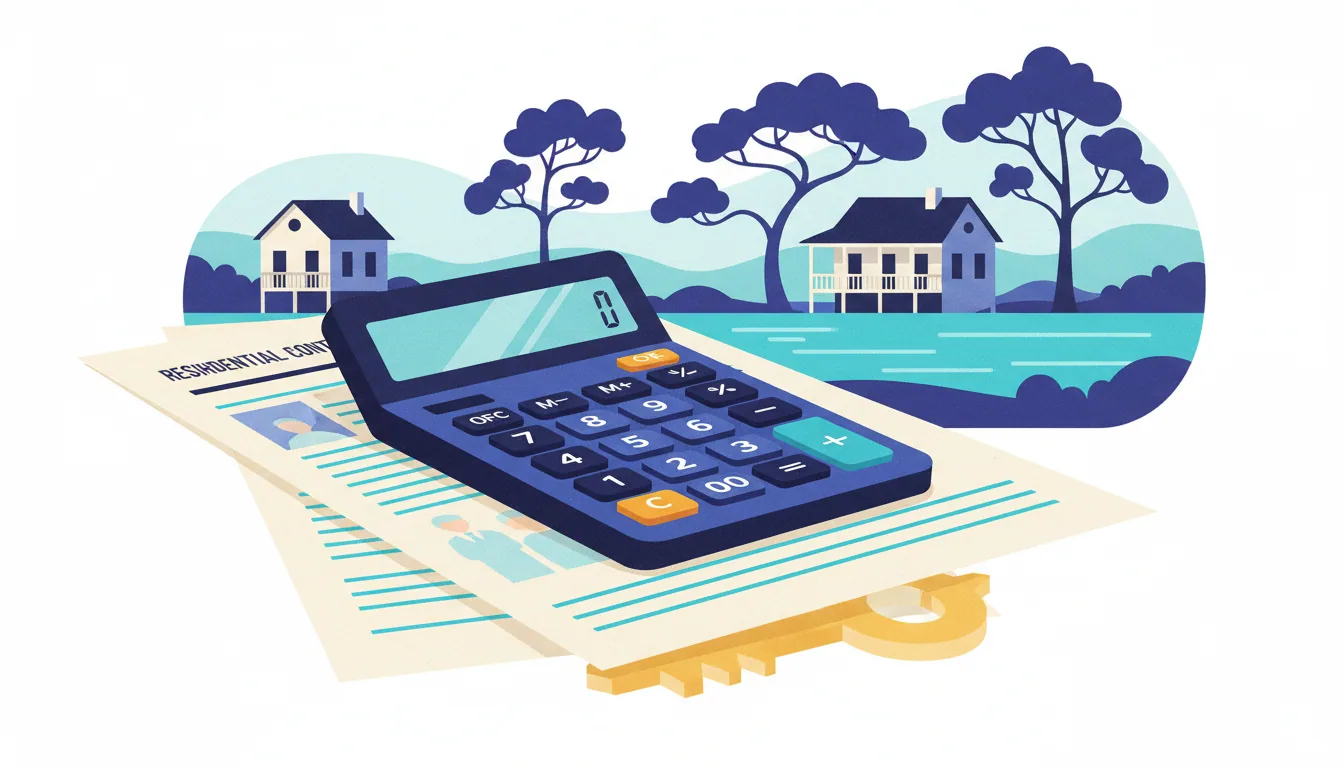A calculator and real estate documents sit on a gold key before a backdrop of houses and trees.