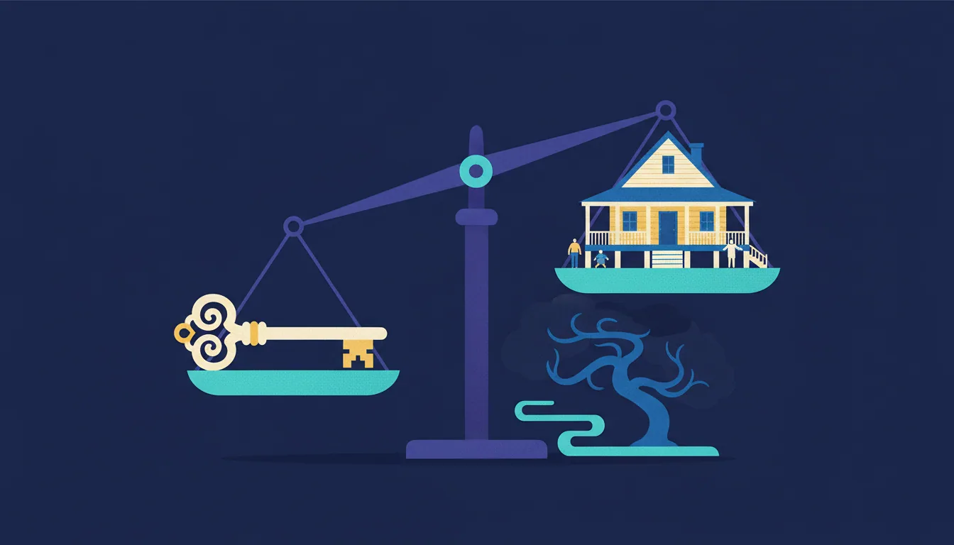 A balance scale weighs a large golden key against a house with a family on the porch.