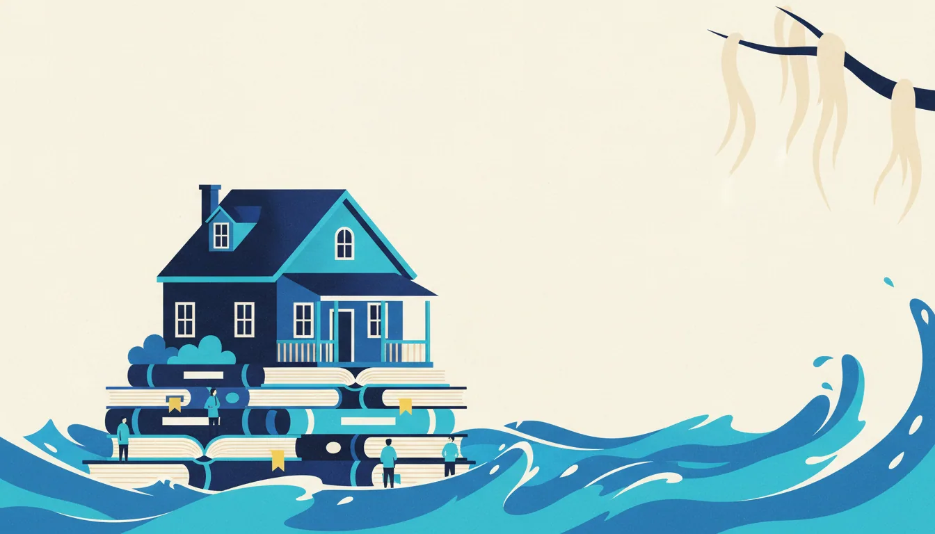 A blue house sits on a stack of books floating in wavy water, with small figures standing among the books.
