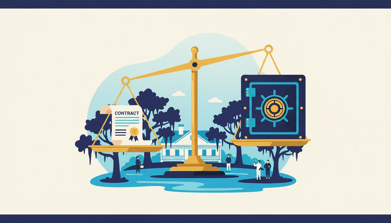 A golden scale weighing a contract document against a blue safe in a stylized outdoor landscape.
