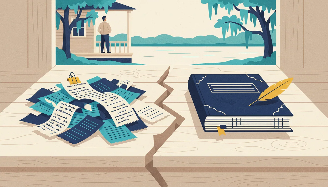A crack separates a messy pile of receipts from a neat, organized ledger book and quill on a wooden table.
