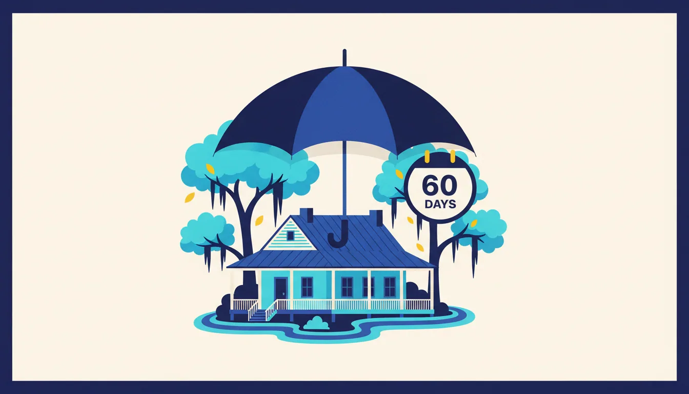 A blue house sits protected under a large umbrella beside a calendar displaying a sixty-day notice period.