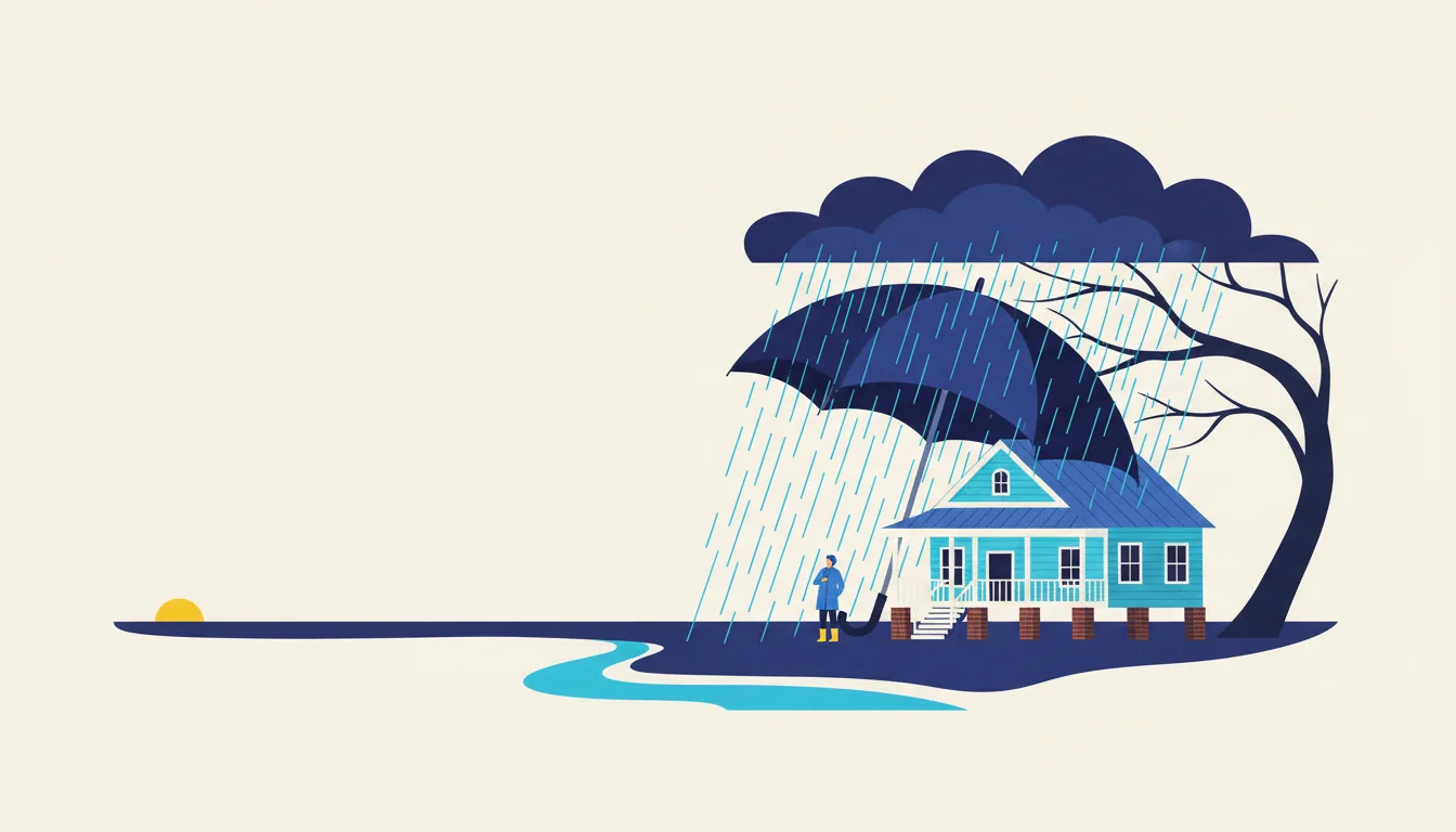 A large navy umbrella shields a blue house on stilts from rain while a person in a yellow raincoat stands nearby.