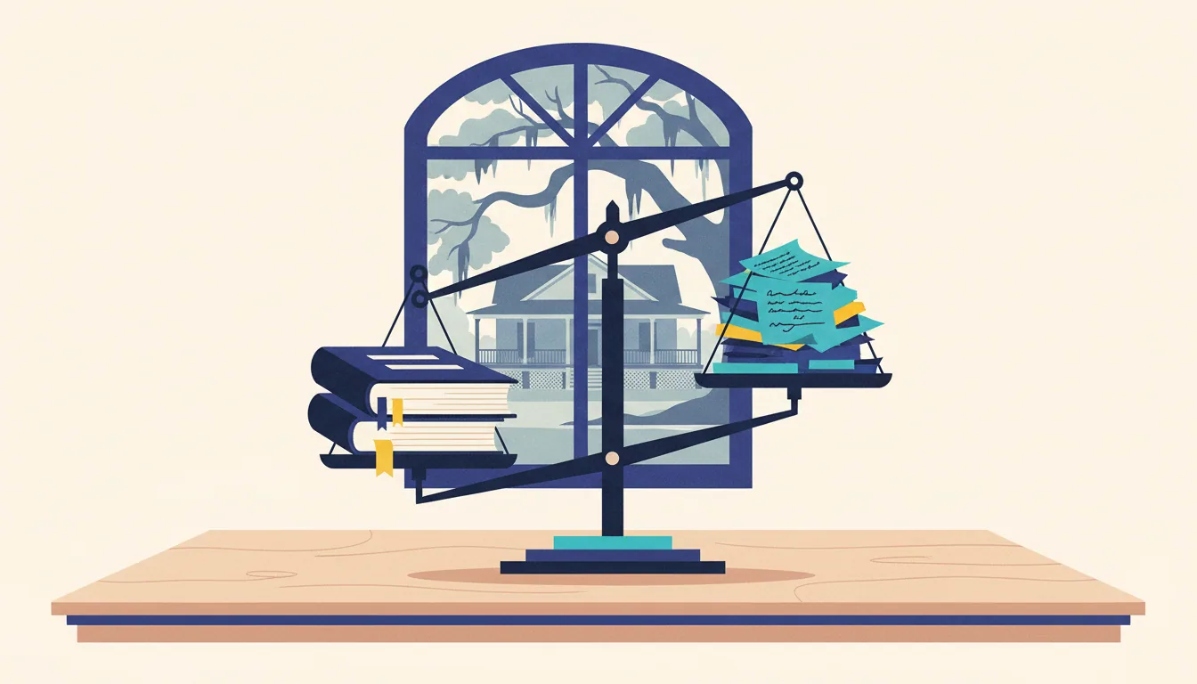 A balance scale on a table weighs two thick books against a stack of papers, with a house visible through a window.