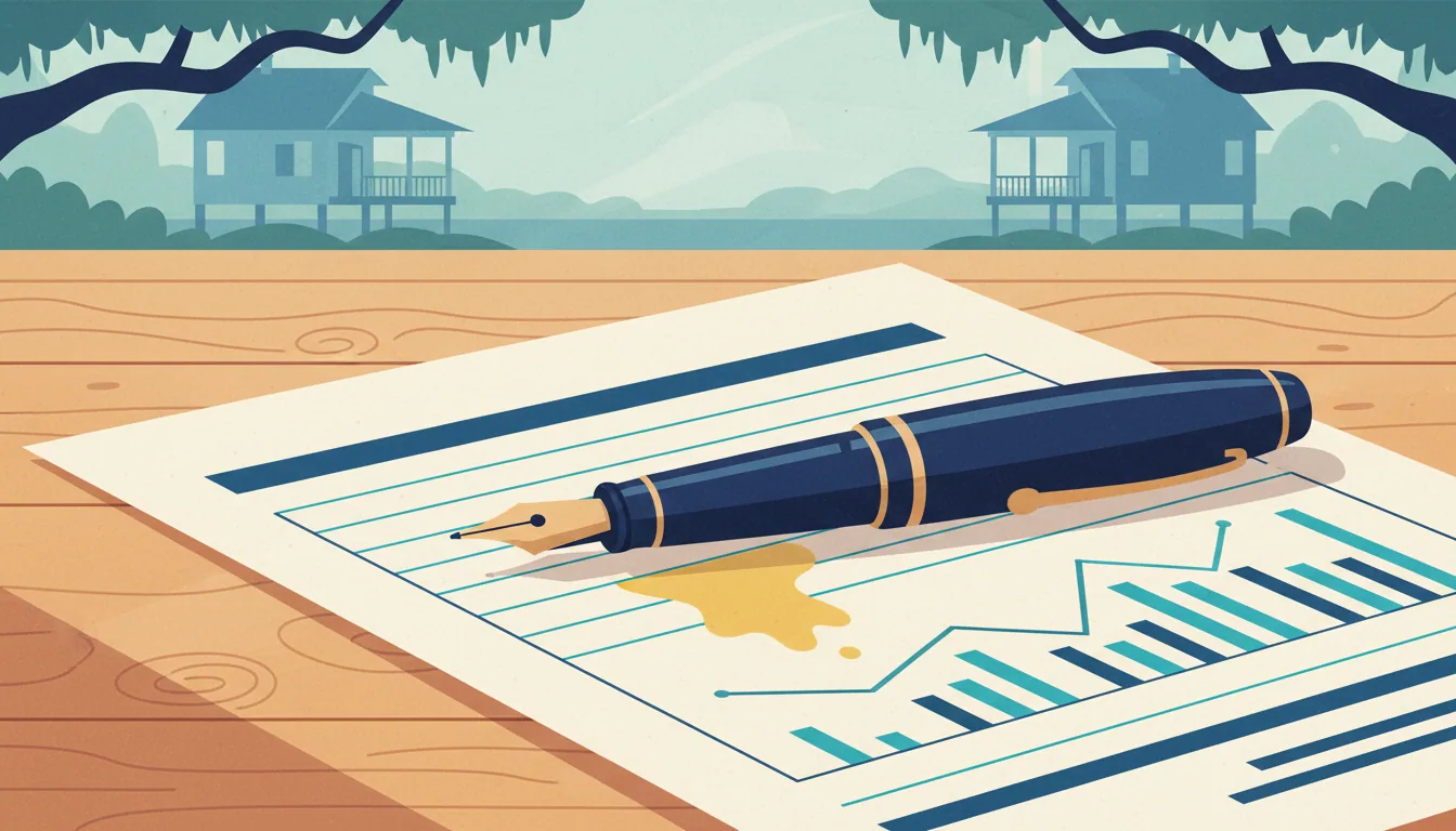 A fountain pen rests on a document with charts, with two houses on stilts in the background.