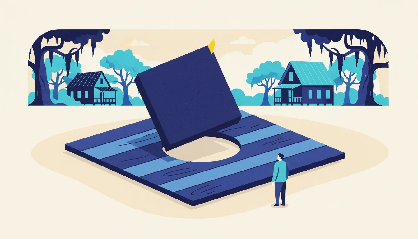 A man stands before a square block that doesn't fit into a round hole, with houses and trees in the background.