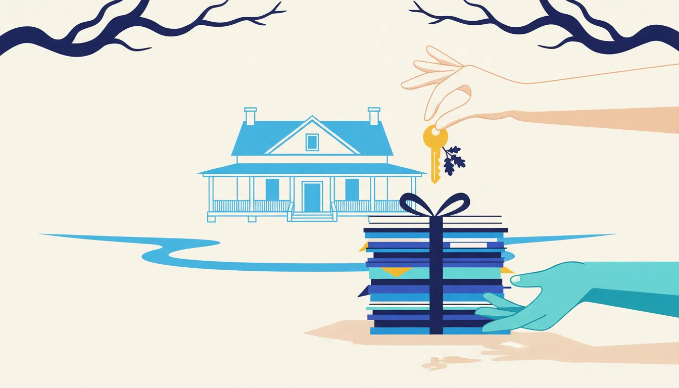 A hand holds a golden key above a tied stack of documents with a blue house in the background.