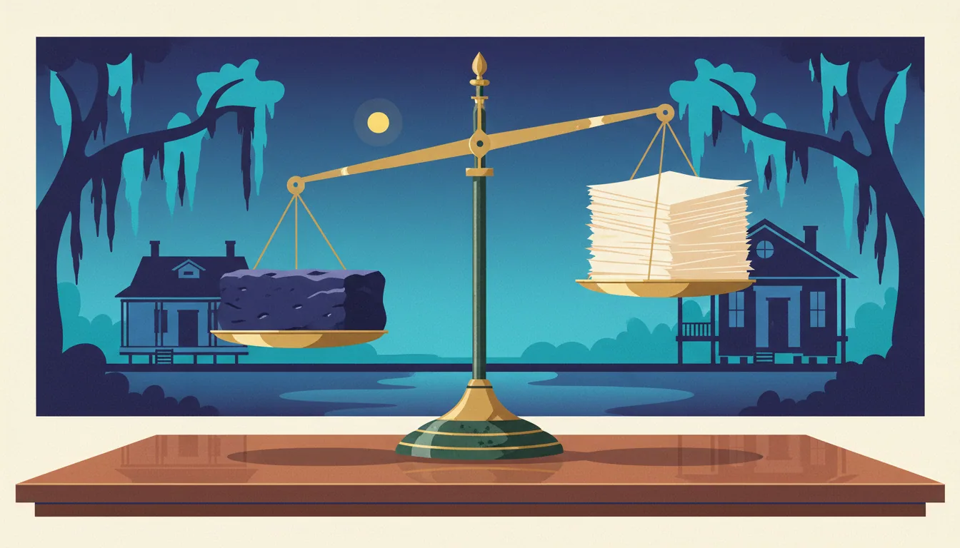A golden scale weighs a stack of papers against a block of dark earth in a swampy landscape under a night sky.